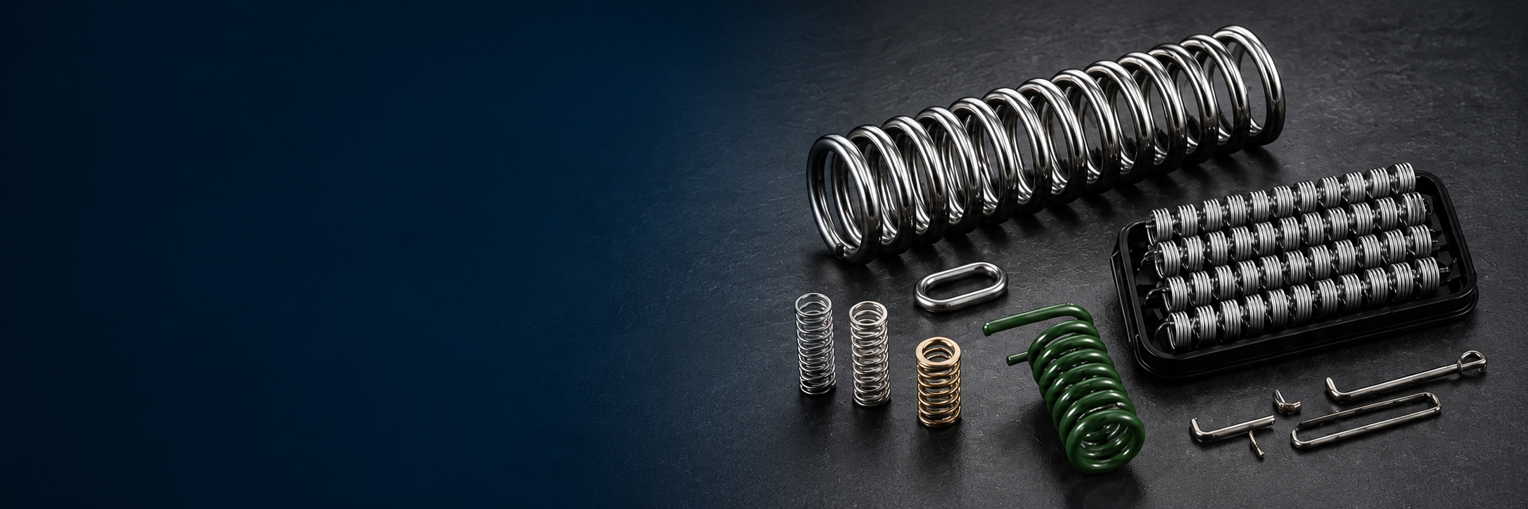 Precision spring products on a dark metal workbench
